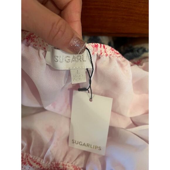 Sugarlips Pink Paisley Off Shoulder Puff Sleeve Crop Top - Picture 4 of 4